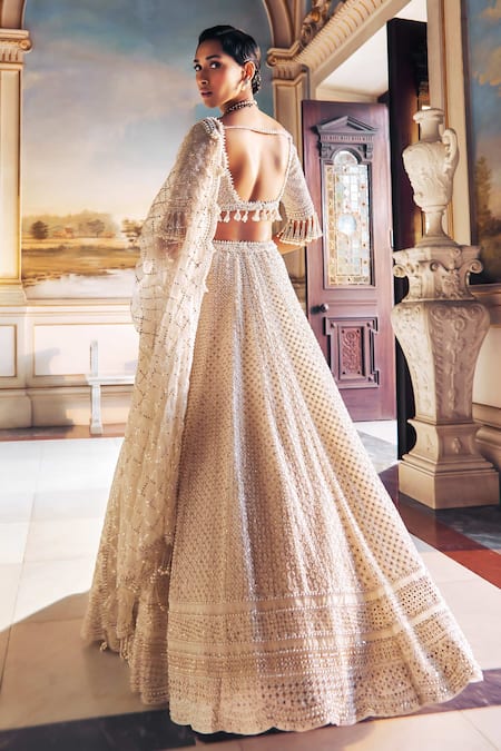 Seema Gujral Ivory Organza Tassels, Pearls, Crystals, Beads Embroidered Bridal Lehenga Set Online at Aza Fashions Seema Gujral_Ivory Organza Tassels, Pearls, Crystals, Beads Embroidered Bridal Lehenga Set _Online_at_Aza_Fashions