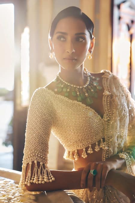 Shop Seema Gujral Ivory Organza Tassels, Pearls, Crystals, Beads Embroidered Bridal Lehenga Set Online at Aza Fashions Shop_Seema Gujral_Ivory Organza Tassels, Pearls, Crystals, Beads Embroidered Bridal Lehenga Set _Online_at_Aza_Fashions