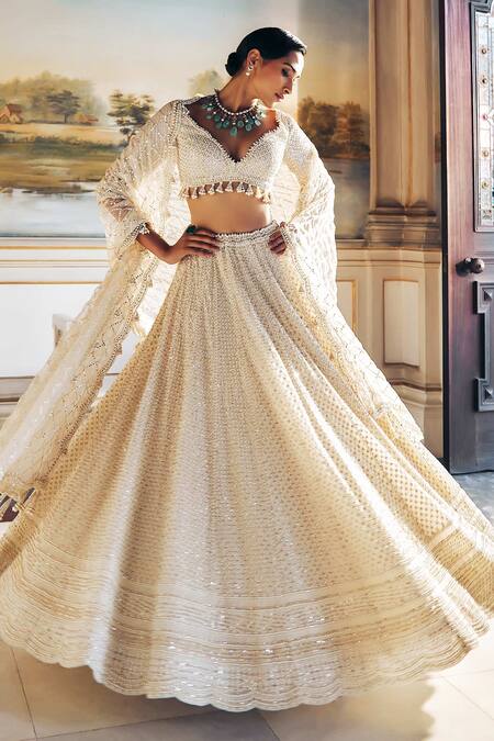 Buy Seema Gujral Ivory Organza Tassels, Pearls, Crystals, Beads Embroidered Bridal Lehenga Set Buy_Seema Gujral_Ivory Organza Tassels, Pearls, Crystals, Beads Embroidered Bridal Lehenga Set