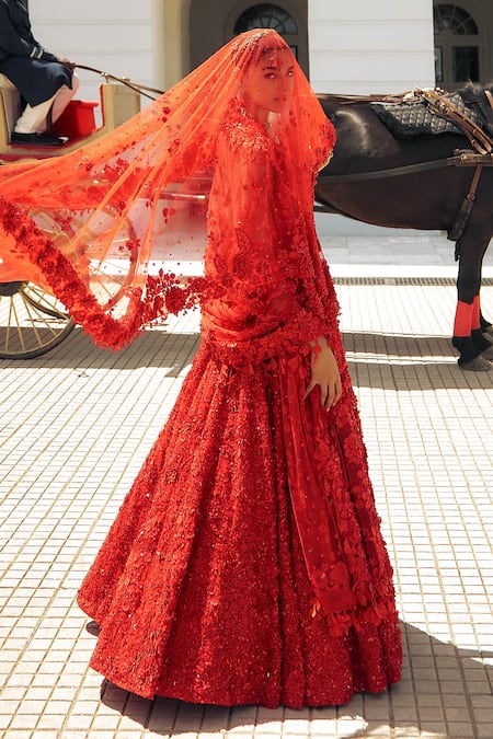 Buy Seema Gujral Red Net Sequins, Crystals Plunge Neck 3d Floral Embroidered Bridal Lehenga Set Online at Aza Fashions Buy_Seema Gujral_Red Net Sequins, Crystals Plunge Neck 3d Floral Embroidered Bridal Lehenga Set _Online_at_Aza_Fashions