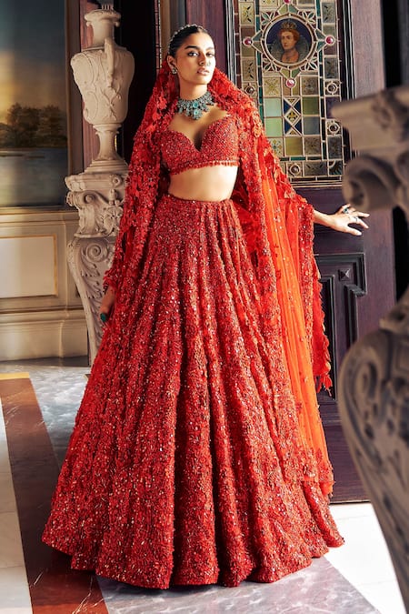 Shop Seema Gujral Red Net Sequins, Crystals Plunge Neck 3d Floral Embroidered Bridal Lehenga Set Online at Aza Fashions Shop_Seema Gujral_Red Net Sequins, Crystals Plunge Neck 3d Floral Embroidered Bridal Lehenga Set _Online_at_Aza_Fashions