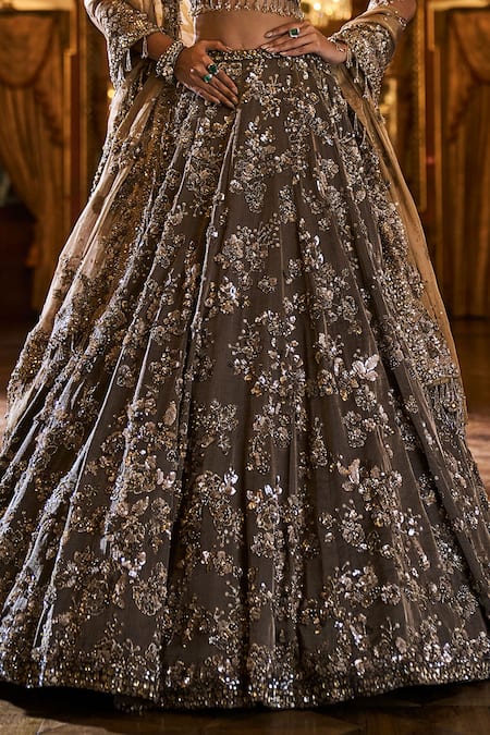 Seema Gujral_Brown Tissue, Silk, Organza Embroidery, Crystals, Sequins, Bridal Lehenga Set _Online_at_Aza_Fashions