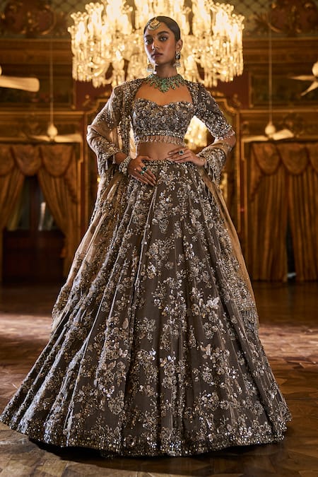 Buy_Seema Gujral_Brown Tissue, Silk, Organza Embroidery, Crystals, Sequins, Bridal Lehenga Set _Online_at_Aza_Fashions