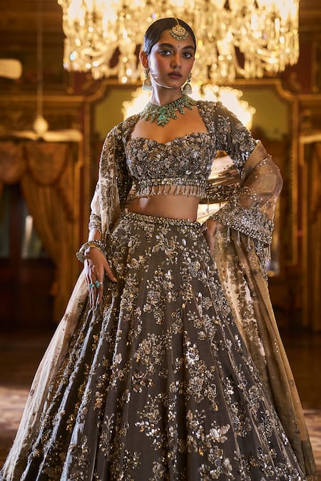 Shop_Seema Gujral_Brown Tissue, Silk, Organza Embroidery, Crystals, Sequins, Bridal Lehenga Set _Online_at_Aza_Fashions