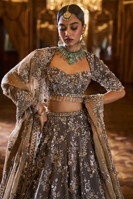 Seema Gujral_Brown Tissue, Silk, Organza Embroidery, Crystals, Sequins, Bridal Lehenga Set _at_Aza_Fashions