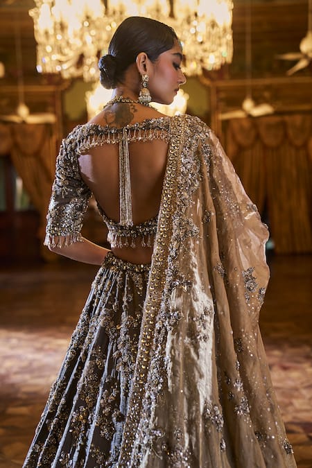 Buy_Seema Gujral_Brown Tissue, Silk, Organza Embroidery, Crystals, Sequins, Bridal Lehenga Set 