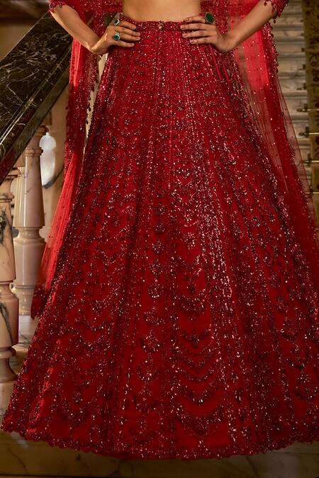 Seema Gujral_Red Net Crystals, Sequins, Beads Embroidered Bridal Lehenga Blouse Set_Online_at_Aza_Fashions
