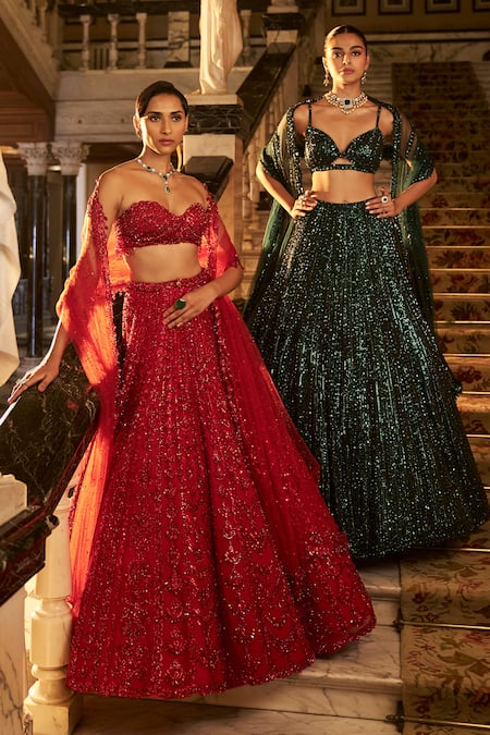 Shop_Seema Gujral_Red Net Crystals, Sequins, Beads Embroidered Bridal Lehenga Blouse Set_Online_at_Aza_Fashions