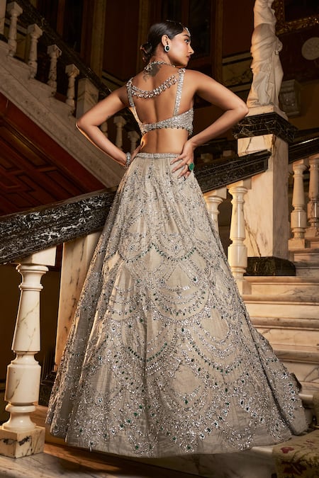 Seema Gujral_Gold Tissue, Silk, Organza Crystals, Sequins, Chandelier Bridal Lehenga Set _Online_at_Aza_Fashions