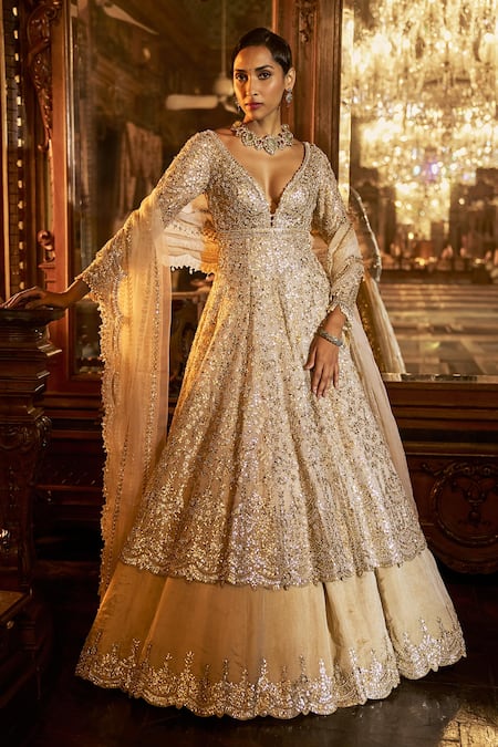 Seema Gujral Silver Lehenga And Jacket Tissue Silk Embroidery Gota Patti Longline Skirt Set 