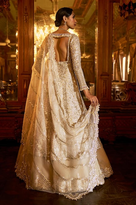 Shop_Seema Gujral_Silver Organza, Tissue, Silk Sequins, Gota Patti Longline Jacket Skirt Set _at_Aza_Fashions