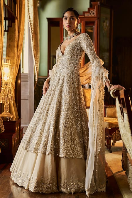 Seema Gujral_Silver Organza, Tissue, Silk Sequins, Gota Patti Longline Jacket Skirt Set _Online_at_Aza_Fashions