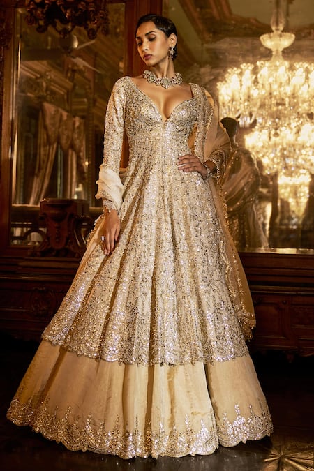 Buy_Seema Gujral_Silver Organza, Tissue, Silk Sequins, Gota Patti Longline Jacket Skirt Set _Online_at_Aza_Fashions