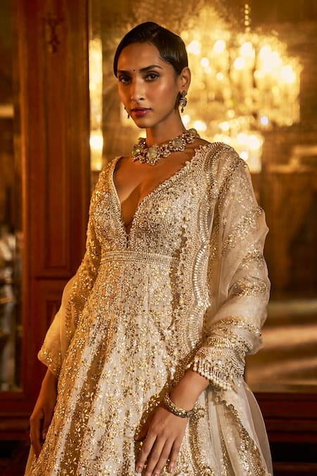 Shop_Seema Gujral_Silver Organza, Tissue, Silk Sequins, Gota Patti Longline Jacket Skirt Set _Online_at_Aza_Fashions