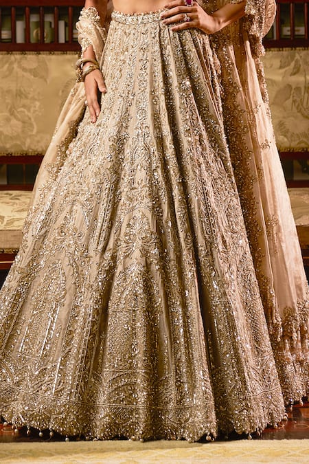 Seema Gujral_Gold Tissue, Silk, Organza Sequins, Bugle Embroidered Bridal Lehenga Set _Online_at_Aza_Fashions