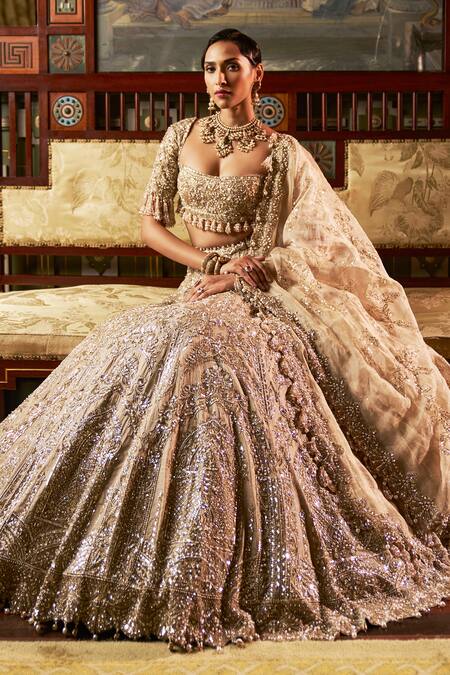 Shop_Seema Gujral_Gold Tissue, Silk, Organza Sequins, Bugle Embroidered Bridal Lehenga Set _Online_at_Aza_Fashions