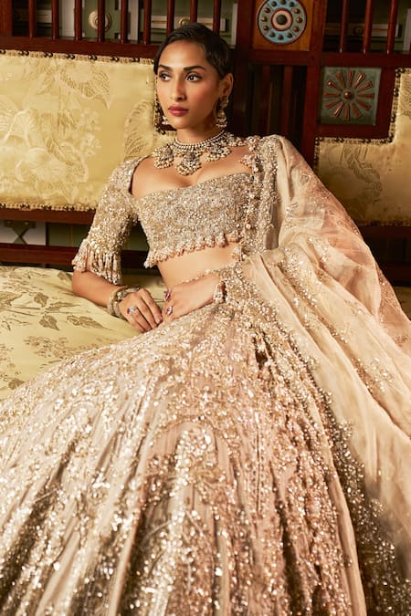 Seema Gujral_Gold Tissue, Silk, Organza Sequins, Bugle Embroidered Bridal Lehenga Set _at_Aza_Fashions