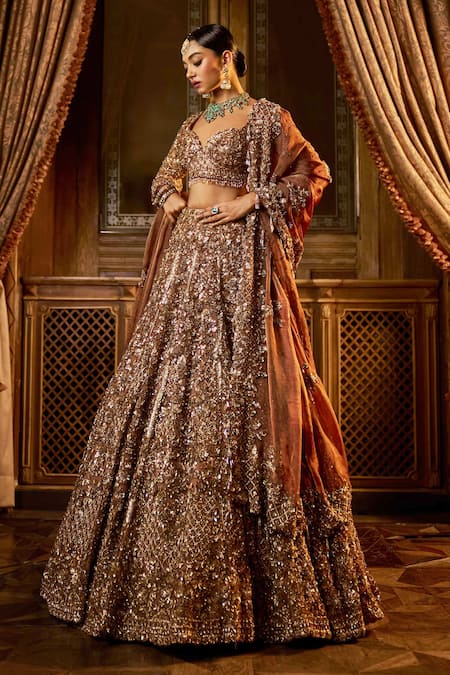 Seema Gujral_Gold Net, Tissue, Organza Sequins, Crystals, Embroidered Bridal Lehenga Set _Online_at_Aza_Fashions