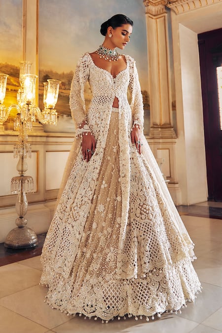 Seema Gujral Pearl Embroidered Longline Jacket Lehenga Set 