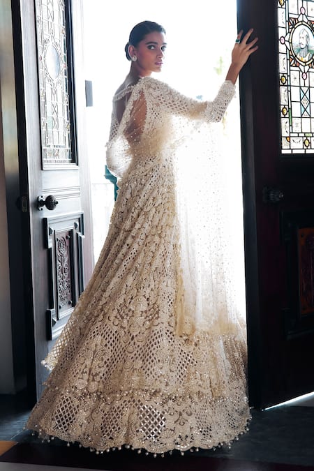 Seema Gujral Pearl Embroidered Longline Jacket Lehenga Set