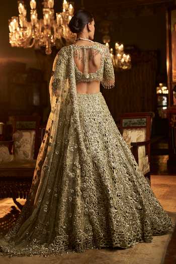 Seema Gujral_Green Net Beads, Sequins, Crystals Flower Cutwork Embroidered Bridal Lehenga Set _Online_at_Aza_Fashions