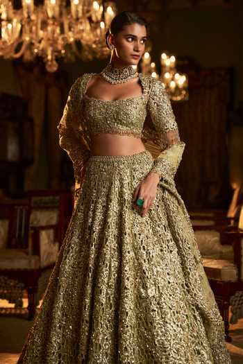 Buy_Seema Gujral_Green Net Beads, Sequins, Crystals Flower Cutwork Embroidered Bridal Lehenga Set _Online_at_Aza_Fashions