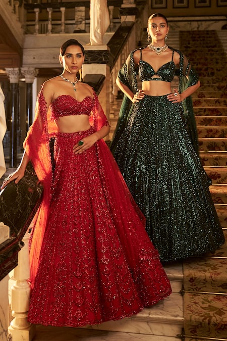Buy_Seema Gujral_Emerald Green Net Sequins, Embroidery, Crystals Stripe Bridal Lehenga Set _Online_at_Aza_Fashions