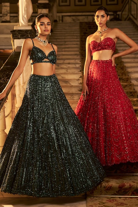 Shop_Seema Gujral_Emerald Green Net Sequins, Embroidery, Crystals Stripe Bridal Lehenga Set _Online_at_Aza_Fashions