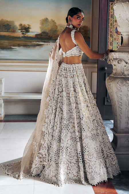 Seema Gujral_Ivory Silk, Organza Pearls Sweetheart Cutwork Embroidered Bridal Lehenga Set _Online_at_Aza_Fashions