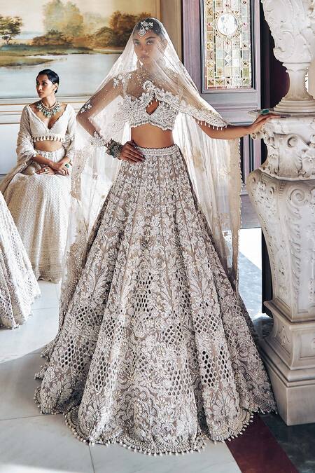 Buy_Seema Gujral_Ivory Silk, Organza Pearls Sweetheart Cutwork Embroidered Bridal Lehenga Set _Online_at_Aza_Fashions