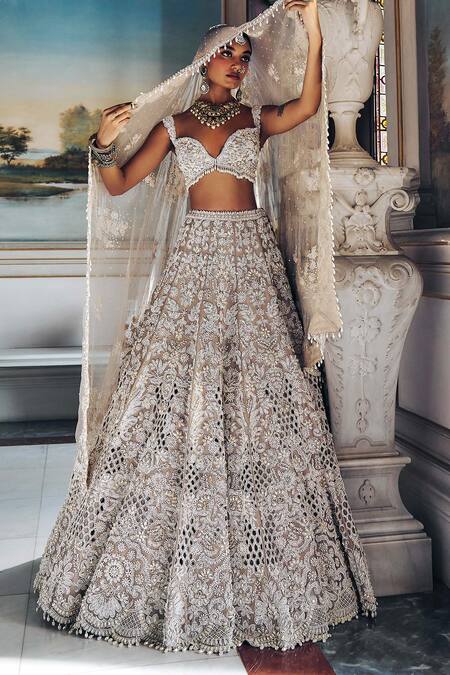Shop_Seema Gujral_Ivory Silk, Organza Pearls Sweetheart Cutwork Embroidered Bridal Lehenga Set _Online_at_Aza_Fashions
