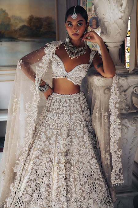 Buy_Seema Gujral_Ivory Silk, Organza Pearls Sweetheart Cutwork Embroidered Bridal Lehenga Set 