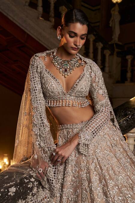 Buy Seema Gujral Silver Net, Silk Pearls, Crystals, Threadwork Embroidered Bridal Lehenga Set Online at Aza Fashions Buy_Seema Gujral_Silver Net, Silk Pearls, Crystals, Threadwork Embroidered Bridal Lehenga Set _Online_at_Aza_Fashions