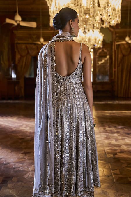 Seema Gujral Stripe Embroidered Anarkali Sharara Set 