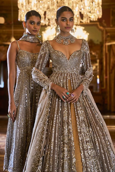 Buy_Seema Gujral_Silver Tissue, Silk Sequins, Mirrors Stripe Embroidered Anarkali Sharara Set _Online_at_Aza_Fashions