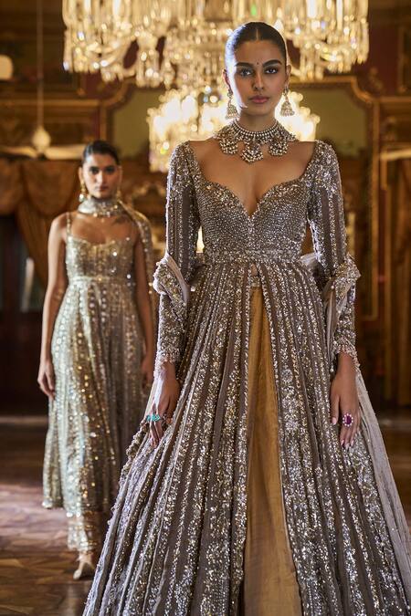 Shop_Seema Gujral_Silver Tissue, Silk Sequins, Mirrors Stripe Embroidered Anarkali Sharara Set _Online_at_Aza_Fashions