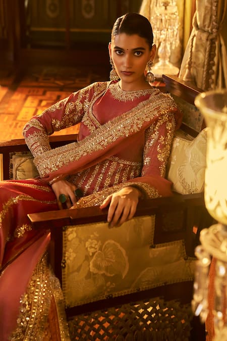 Buy_Seema Gujral_Red Tissue, Silk Gota Patti, Sequins, Beads Embroidered Anarkali Sharara Set _Online_at_Aza_Fashions