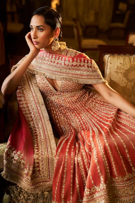 Buy_Seema Gujral_Orange Tissue, Silk Beads, Sequins, Gota Linear Embroidered Anarkali Sharara Set _Online_at_Aza_Fashions