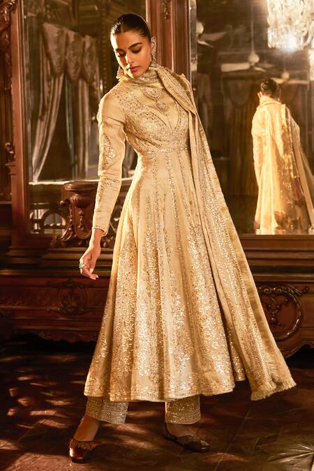 Seema Gujral_Green Tissue, Silk Gota Patti, Sequins, Beads, Embroidery Round Anarkali Set _Online_at_Aza_Fashions