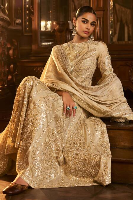 Buy_Seema Gujral_Green Tissue, Silk Gota Patti, Sequins, Beads, Embroidery Round Anarkali Set _Online_at_Aza_Fashions