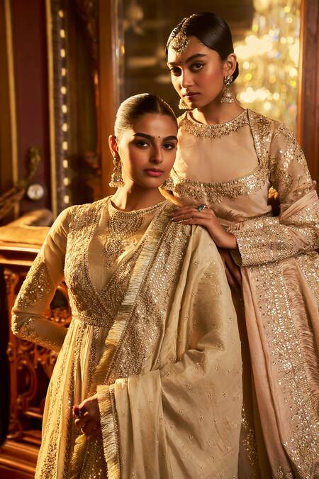 Shop_Seema Gujral_Green Tissue, Silk Gota Patti, Sequins, Beads, Embroidery Round Anarkali Set _Online_at_Aza_Fashions