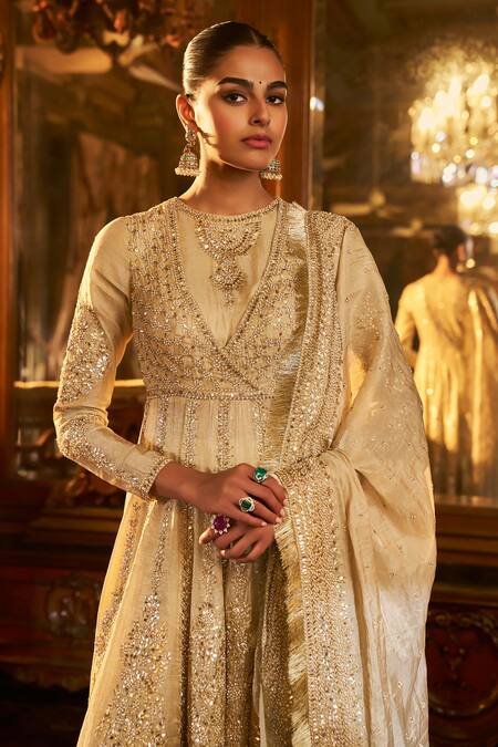 Seema Gujral_Green Tissue, Silk Gota Patti, Sequins, Beads, Embroidery Round Anarkali Set _at_Aza_Fashions