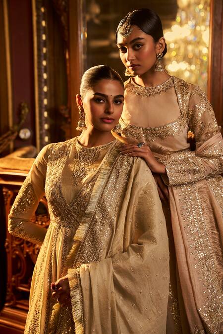 Seema Gujral Peach Tissue, Silk Gota Patti, Sequins, Floral Embroidered Anarkali Palazzo Set Online at Aza Fashions Seema Gujral_Peach Tissue, Silk Gota Patti, Sequins, Floral Embroidered Anarkali Palazzo Set _Online_at_Aza_Fashions