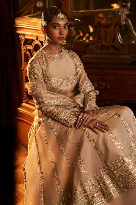 Shop Seema Gujral Peach Tissue, Silk Gota Patti, Sequins, Floral Embroidered Anarkali Palazzo Set Online at Aza Fashions Shop_Seema Gujral_Peach Tissue, Silk Gota Patti, Sequins, Floral Embroidered Anarkali Palazzo Set _Online_at_Aza_Fashions