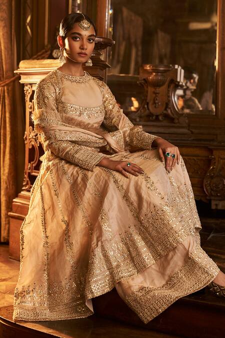 Seema Gujral Peach Tissue, Silk Gota Patti, Sequins, Floral Embroidered Anarkali Palazzo Set at Aza Fashions Seema Gujral_Peach Tissue, Silk Gota Patti, Sequins, Floral Embroidered Anarkali Palazzo Set _at_Aza_Fashions