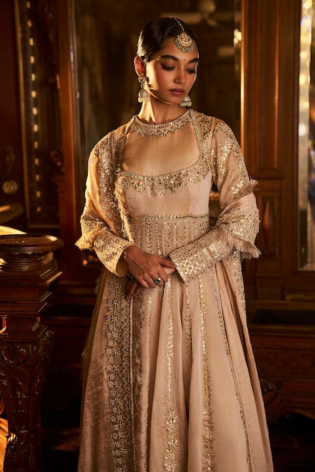 Buy Seema Gujral Peach Tissue, Silk Gota Patti, Sequins, Floral Embroidered Anarkali Palazzo Set Buy_Seema Gujral_Peach Tissue, Silk Gota Patti, Sequins, Floral Embroidered Anarkali Palazzo Set