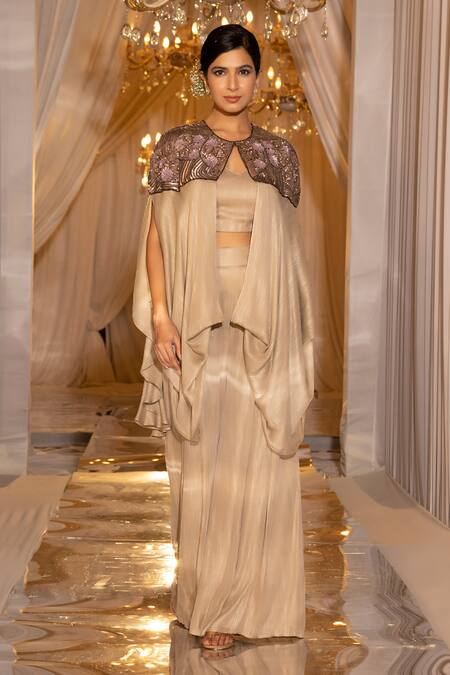 Islie By Priya Jain_Brown Sequins, Cut Work Round Neck Metallic Embroidered Cape Pant Set _Online_at_Aza_Fashions