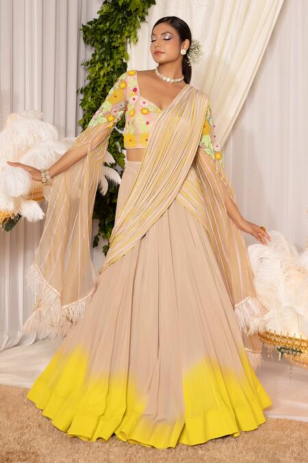 Islie By Priya Jain Ivory Organza, Kota Doria, Crepe Floral Shaded Lehenga With Cape Sleeve Blouse Online at Aza Fashions Islie By Priya Jain_Ivory Organza, Kota Doria, Crepe Floral Shaded Lehenga With Cape Sleeve Blouse _Online_at_Aza_Fashions