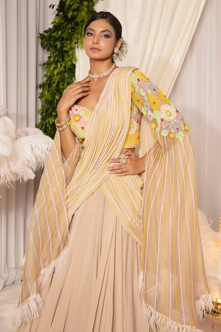 Buy Islie By Priya Jain Ivory Organza, Kota Doria, Crepe Floral Shaded Lehenga With Cape Sleeve Blouse Online at Aza Fashions Buy_Islie By Priya Jain_Ivory Organza, Kota Doria, Crepe Floral Shaded Lehenga With Cape Sleeve Blouse _Online_at_Aza_Fashions