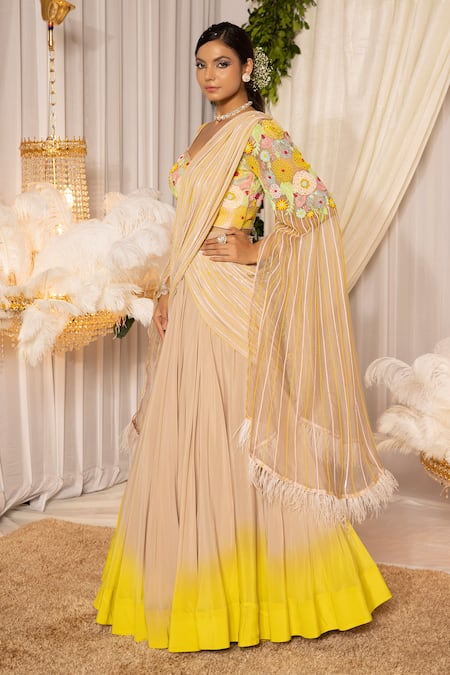 Islie By Priya Jain Floral Embroidered Shaded Lehenga With Cape Sleeve Blouse 